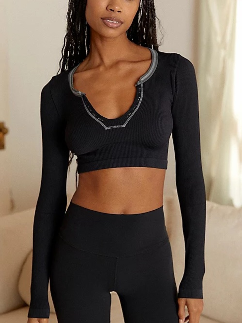 Urban Outfitters Out From Under Black Ribbed Hook and Eye Long Sleeve Crop Top .